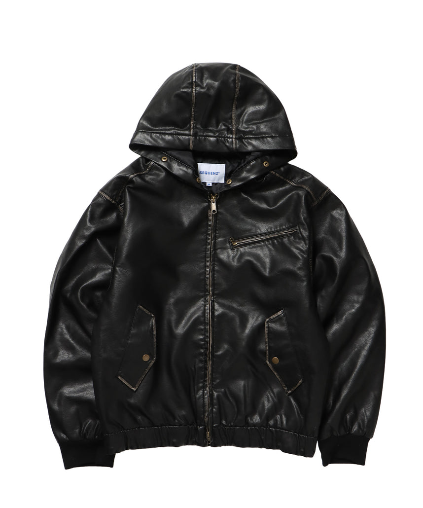 FUR PU HOODIE JKT / フェイクレザー ジャケット ファー 中綿 ダブルジップ フーディ ブラック