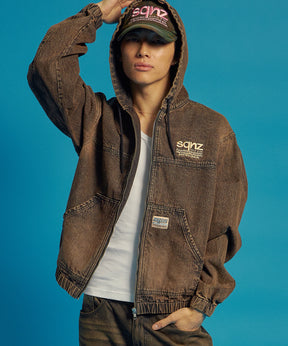 sqnz washed denim jacket / ジップパーカー フルジップ ヴィンテージライク フード オーバーダイ ブラウン ≪SET UP着用可能≫