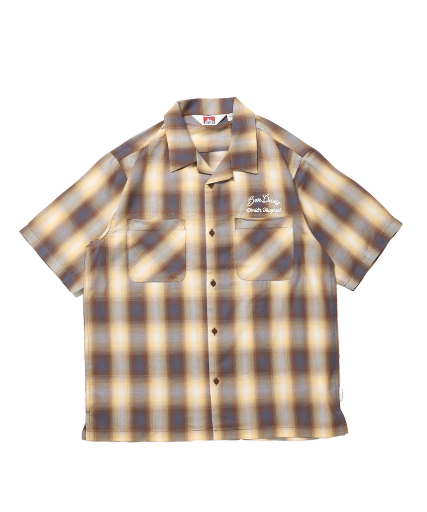 DRIVE EMB PLAID O/C SHIRT / 半袖 シャツ オープンカラー ヴィンテージライク オンブレチェック ブラウン