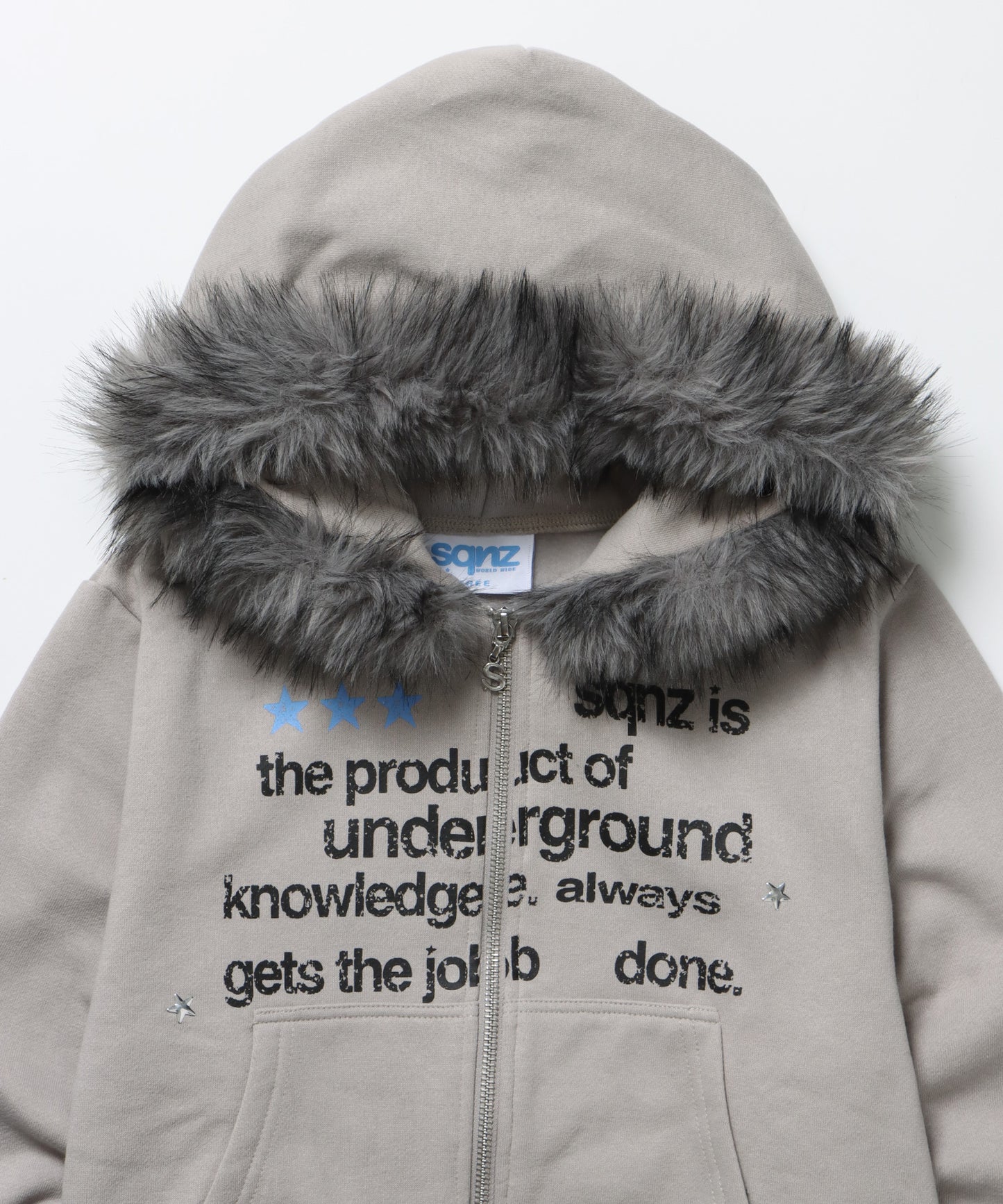 sqnz fur zip pk / レディース ファー ジップパーカー スタッズ 裏起毛 短丈 ダブルジップ ライトグレー