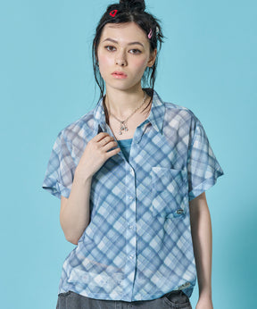 ※WEB限定 / レディースチェック半袖シャツ / sqnz sheer check shirts ブルーグレー