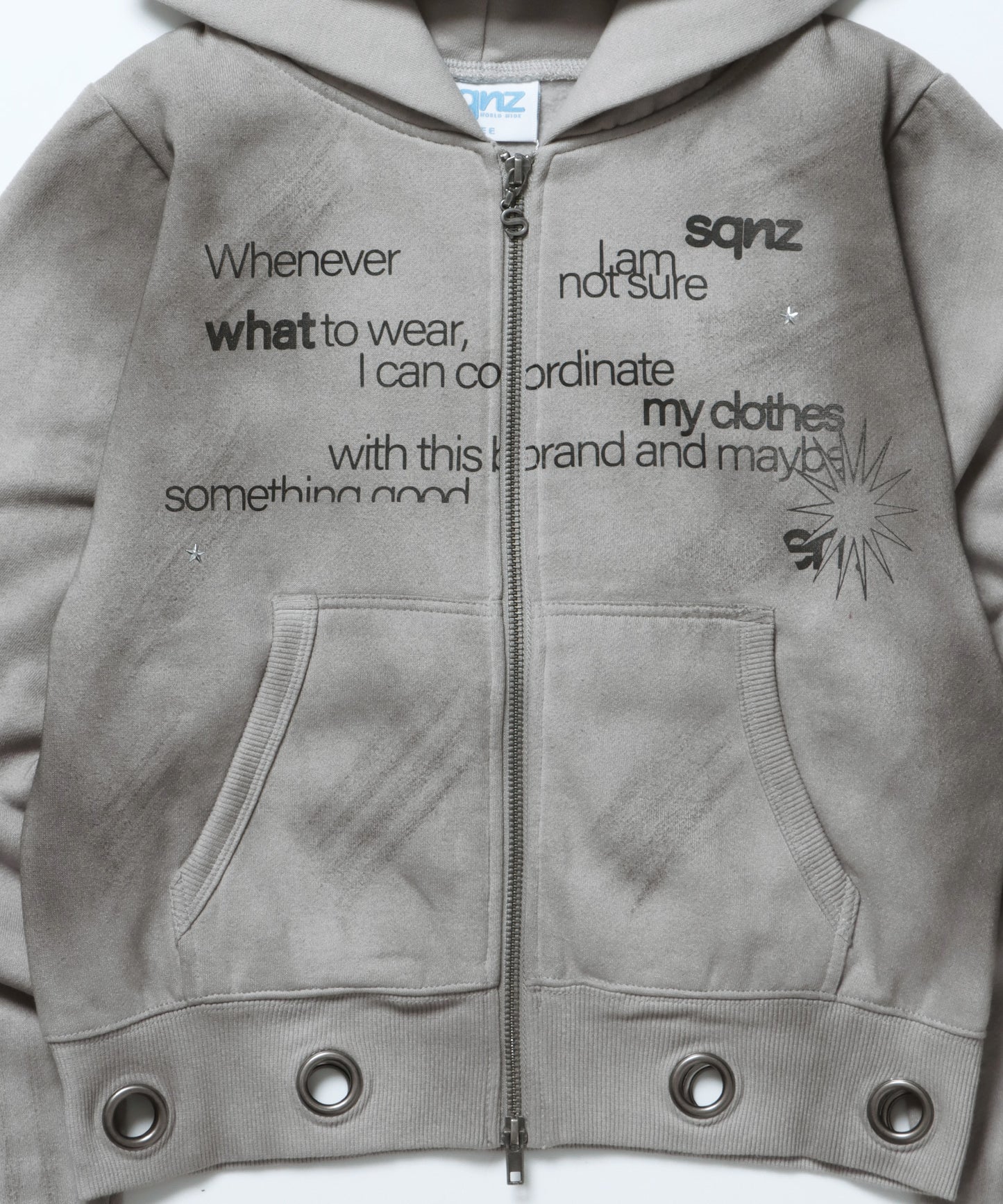 sqnz eyelet fit zip pk / レディース ジップパーカー フーディ ハトメ スタッズ ダフルジップ 裏起毛≪SET UP着用可能≫ ライトグレー