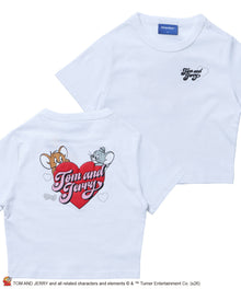 TJ HEART BABE TEE / レディース トムとジェリー Tシャツ 半袖 クルーネック プリント ラインストーン ピチT ちびT ホワイト