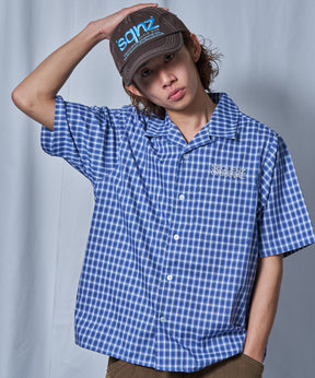ワッペンチェックシャツ / シャツ チェック 半袖 ポケット 刺繍 ワッペン ブルー