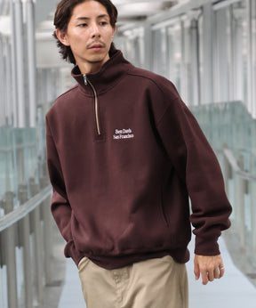 BD SWEAT HALF ZIP / スウェット ハーフジップ ワンポイント刺繍 裏起毛 サイドポケット ユニセックス ブラウン