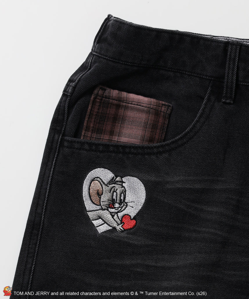TJ PLAID DENIM PANTS / トムとジェリー チェック デニム パンツ 刺繍 加工 ブラック