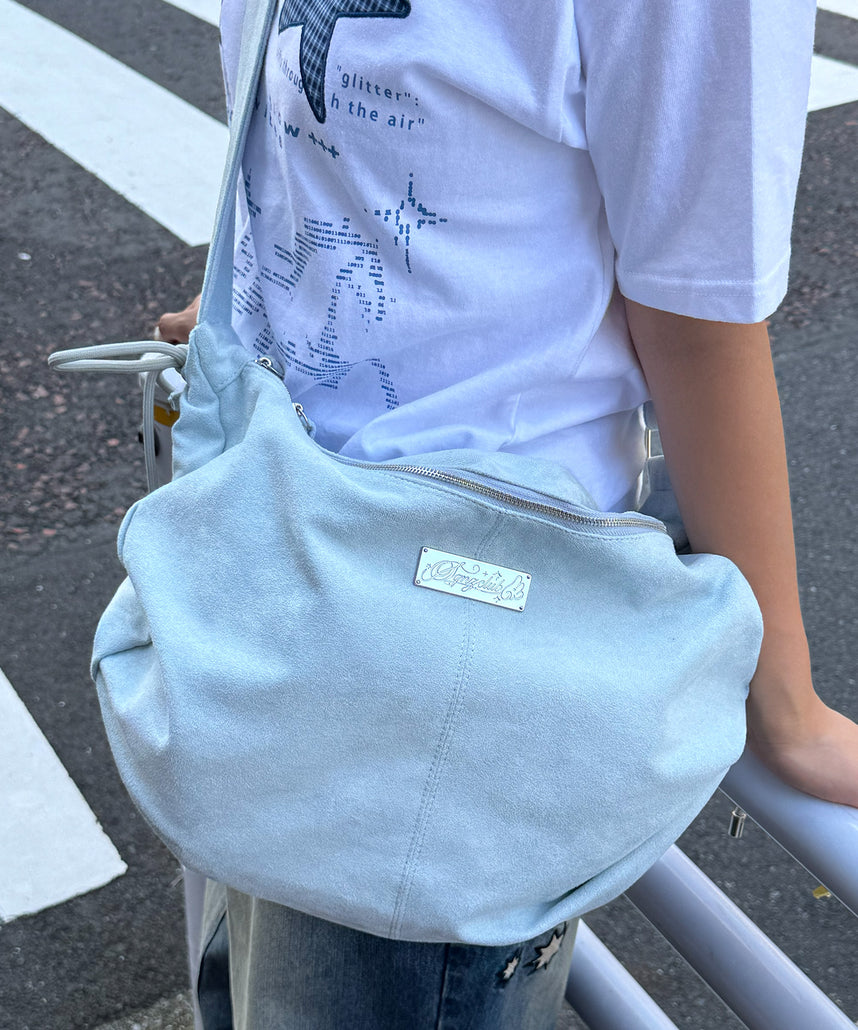 ※WEB限定 / フェイクレザー フェイクスエード メタルプレート 雑貨 バック / シャーリングショルダーバック / sqnz shirring bagライトブルー