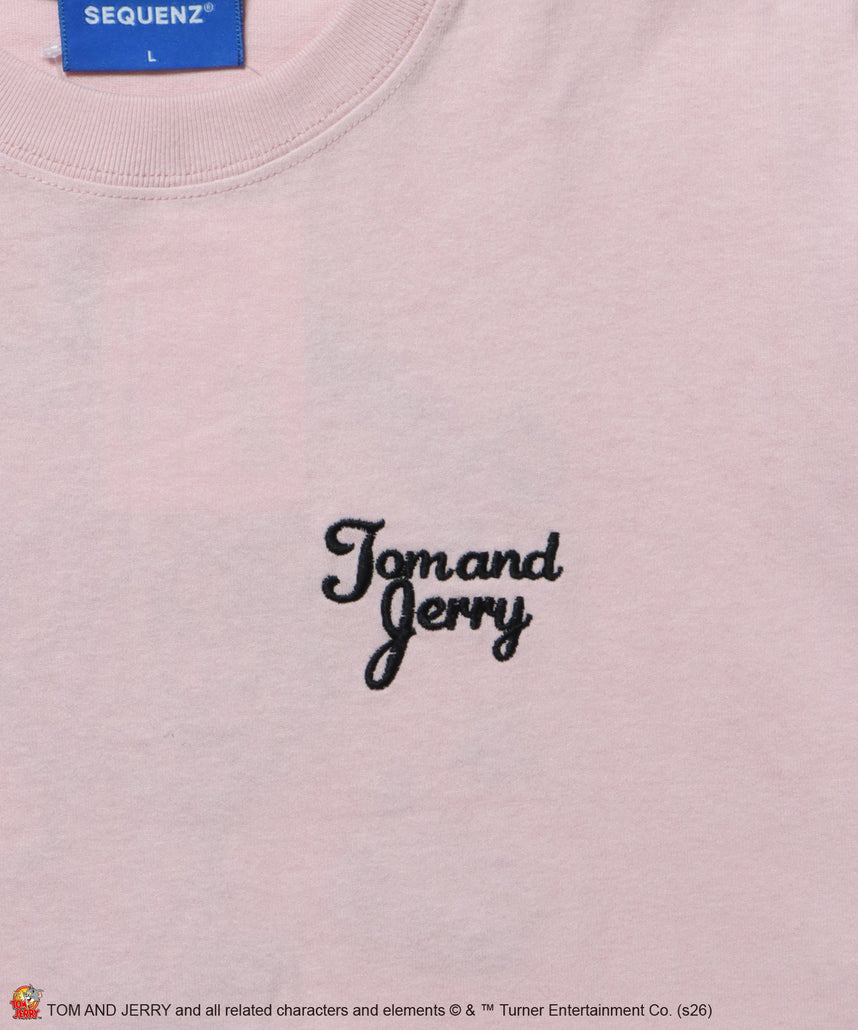 TJ GINGHAM DOG TEE / トムとジェリー 半袖 クルーネック 刺繍 ワンポイント ワッペン ユニセックス オーバーサイズ レイヤード ライトピンク