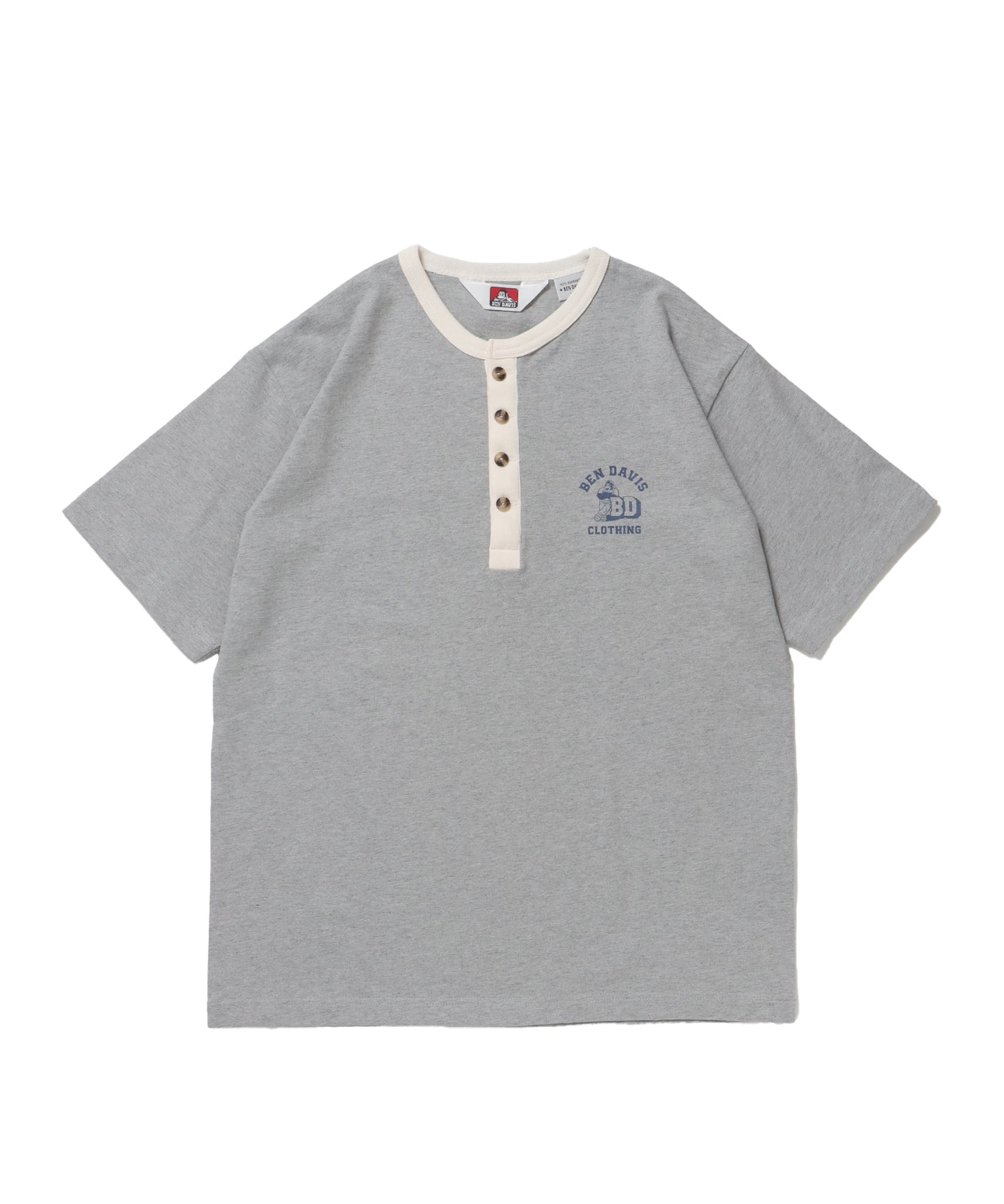 RINGER HENLEY TEE / Tシャツ 半袖 クルーネック ヘンリーネック ワンポイント クラシックフィット リンガー ワンポイント グレー