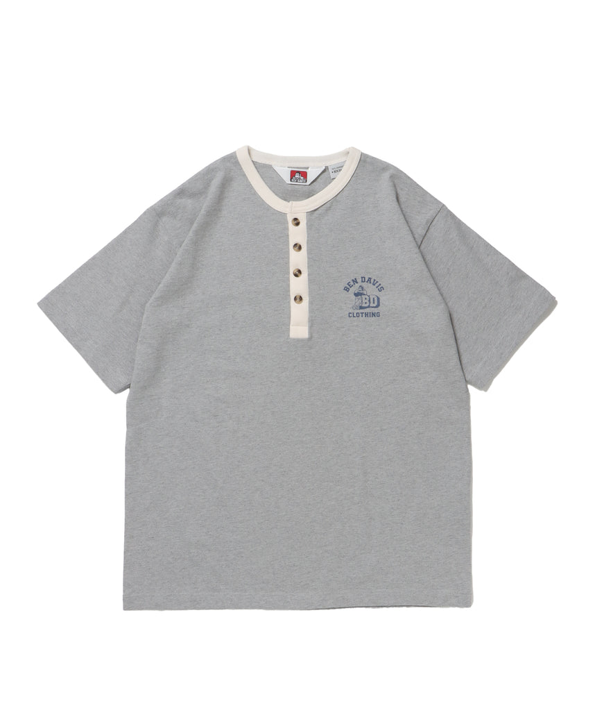 RINGER HENLEY TEE / Tシャツ 半袖 クルーネック ヘンリーネック ワンポイント クラシックフィット リンガー ワンポイント グレー