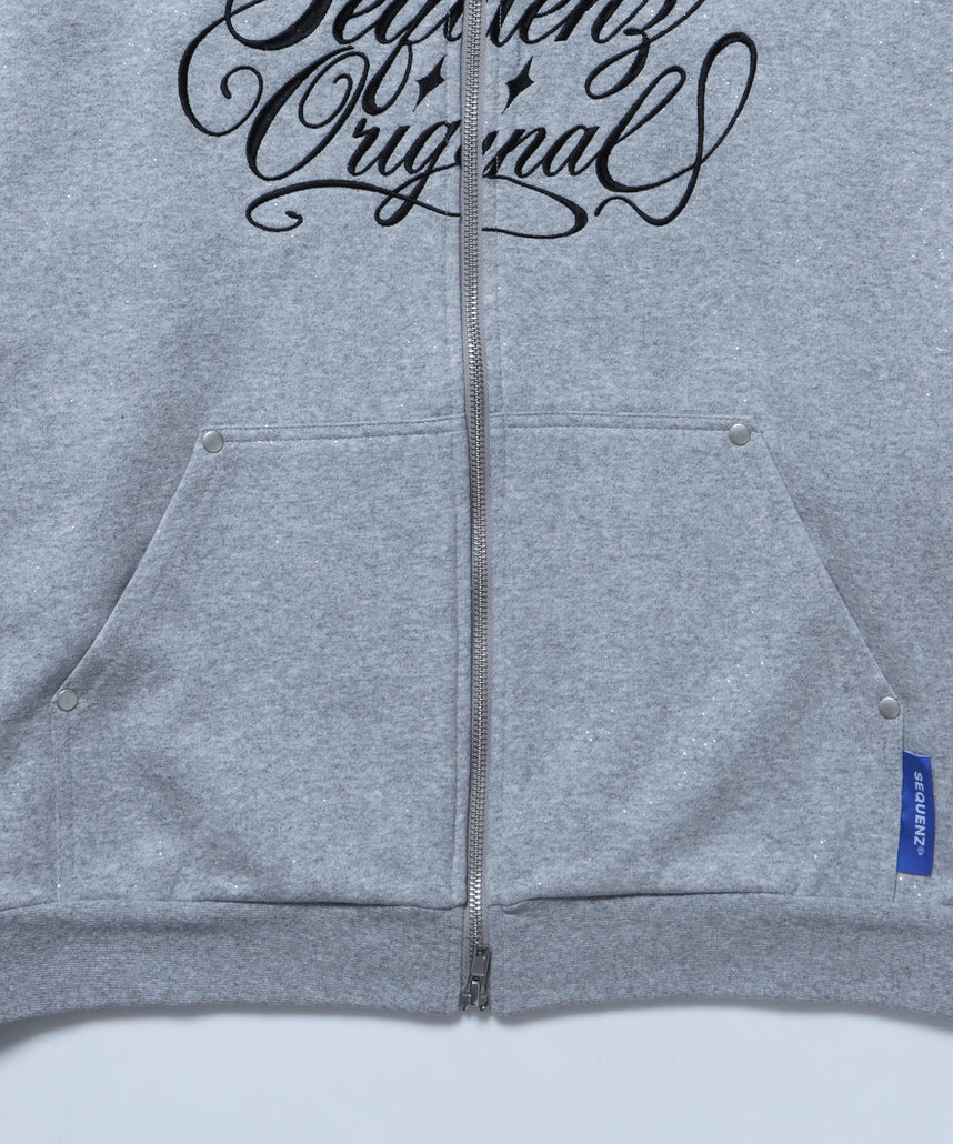 SQNZ LOGO GLITTER ZIP P/K / グリッター ジップパーカー ラメプリント ダブルジップ 裏起毛 【セットアップ着用可】 グレー
