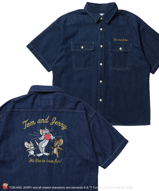 TJ EMB. DENIM SHIRTS / トムとジェリー シャツ オーバーサイズ 半袖 刺繍 ワンポイント プリント デニム ユニセックス 加工 ダークネイビー