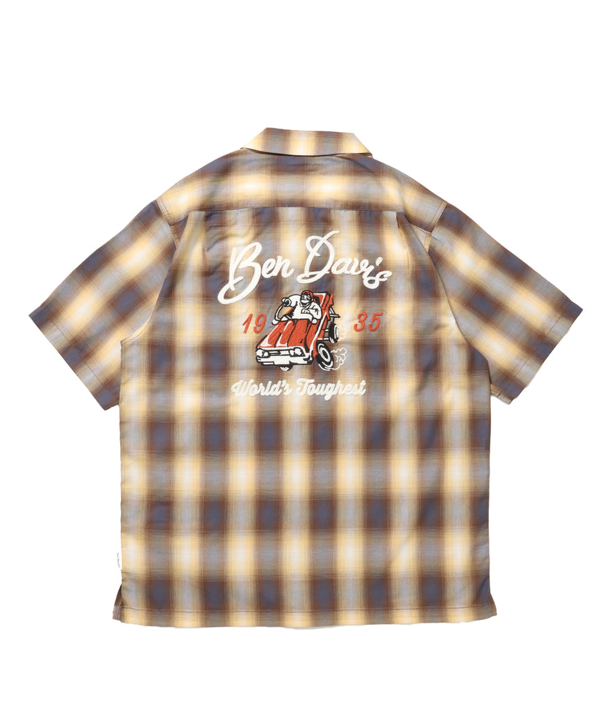 DRIVE EMB PLAID O/C SHIRT / 半袖 シャツ オープンカラー ヴィンテージライク オンブレチェック ブラウン