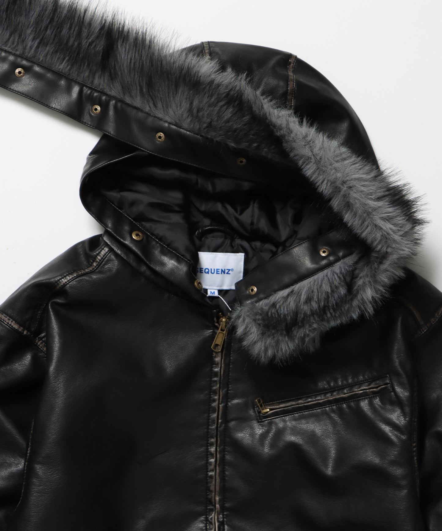 FUR PU HOODIE JKT / フェイクレザー ジャケット ファー 中綿 ダブルジップ フーディ ブラック