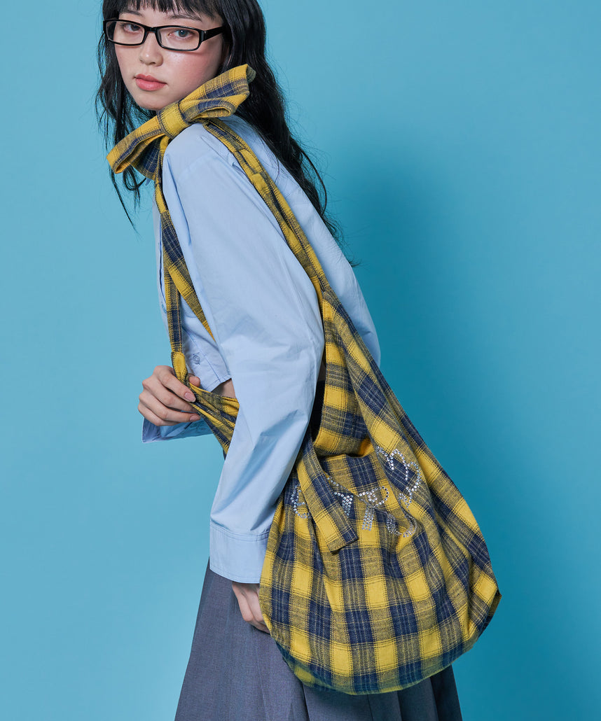 ≪予約商品≫sqnz favorite kira-kira totebag / ラインストーン バック チェック柄 2way ユニセックス イエロー