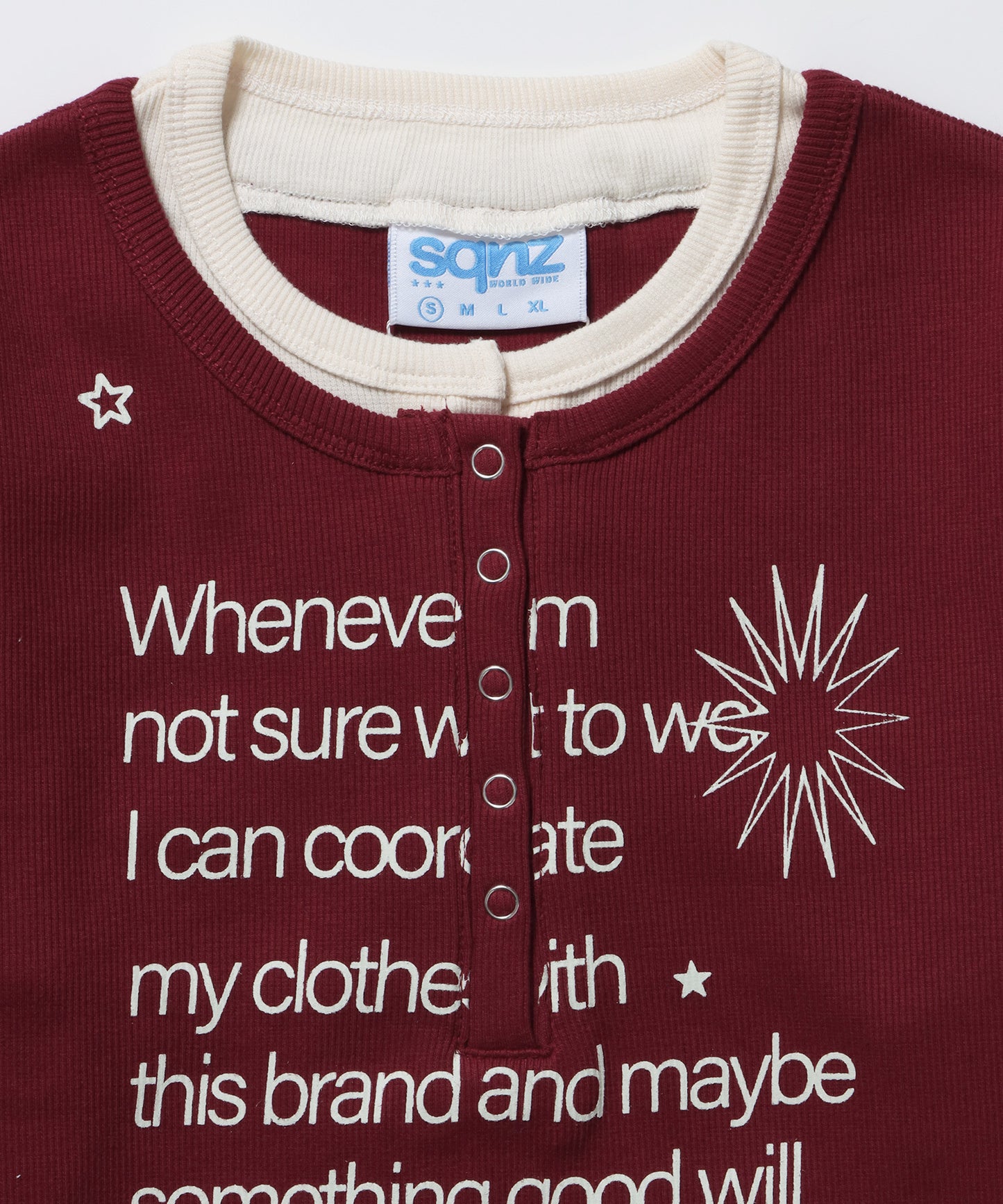 sqnz fake layered henley star l/s tee / 長袖 プリント ヘンリー フェイクレイヤード ツートーン バーガンディー