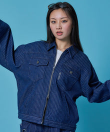 sqnz double pocket zip denim / デニム リジッド ジャケット 刺繍 レザーパッチ ダブルジップ 短丈 ネイビー