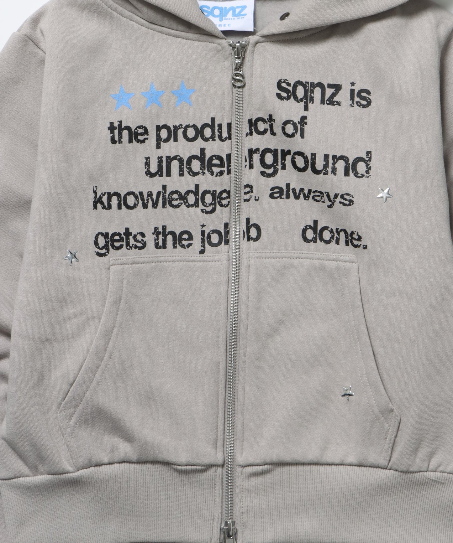 sqnz fur zip pk / レディース ファー ジップパーカー スタッズ 裏起毛 短丈 ダブルジップ ライトグレー