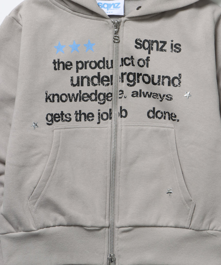 sqnz fur zip pk / レディース ファー ジップパーカー スタッズ 裏起毛 短丈 ダブルジップ ライトグレー