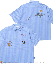 TJ ASSORTMENT EMB. SHIRT / トムとジェリー シャツ 半袖 レギュラーカラー 刺繍 チェック ストライプ サックスブルー