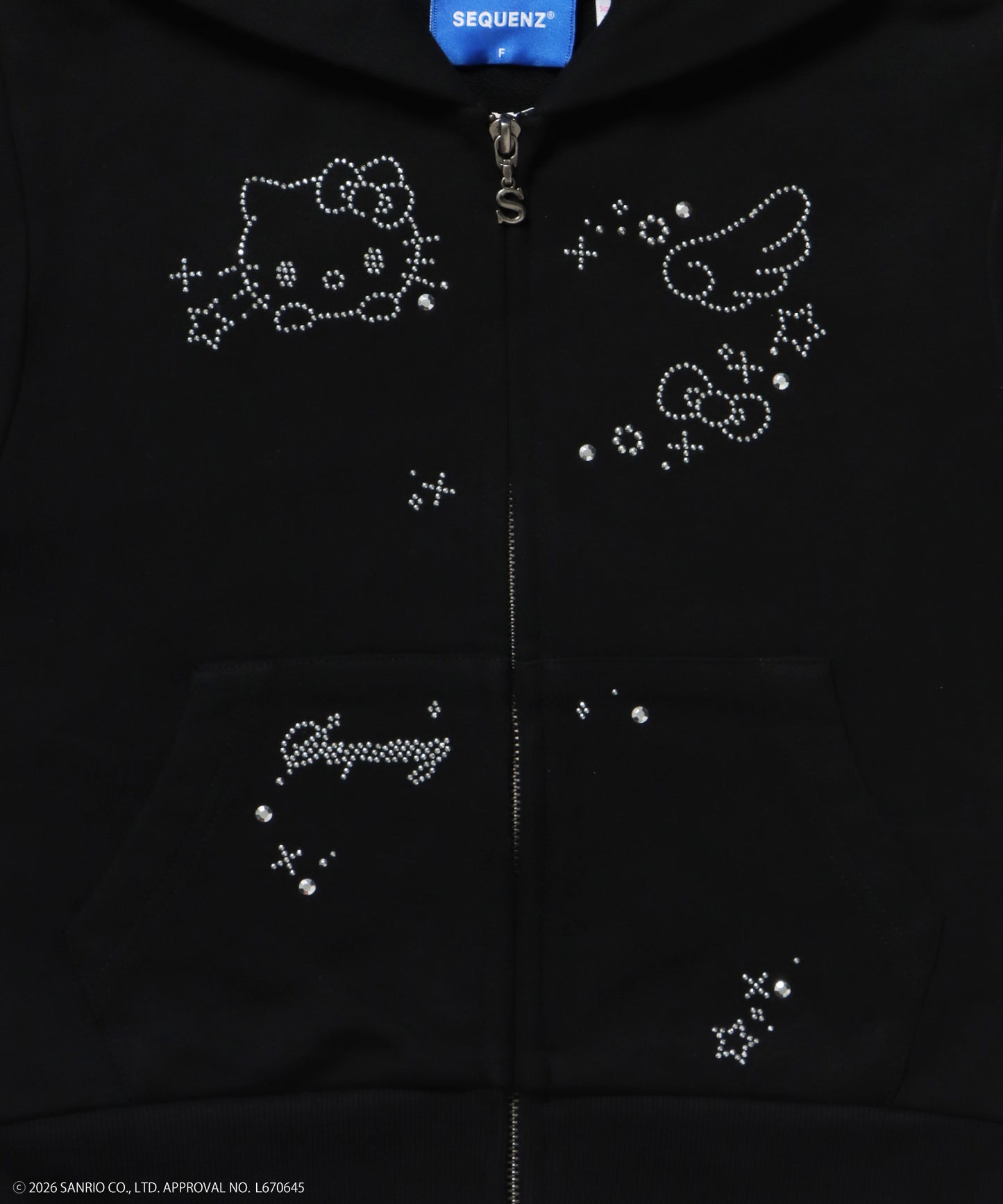 HK SHINING KITTY ZIPPK / 半袖 ジップパーカー フーディ ダブルジップ ラインストーン スウェット ブラック