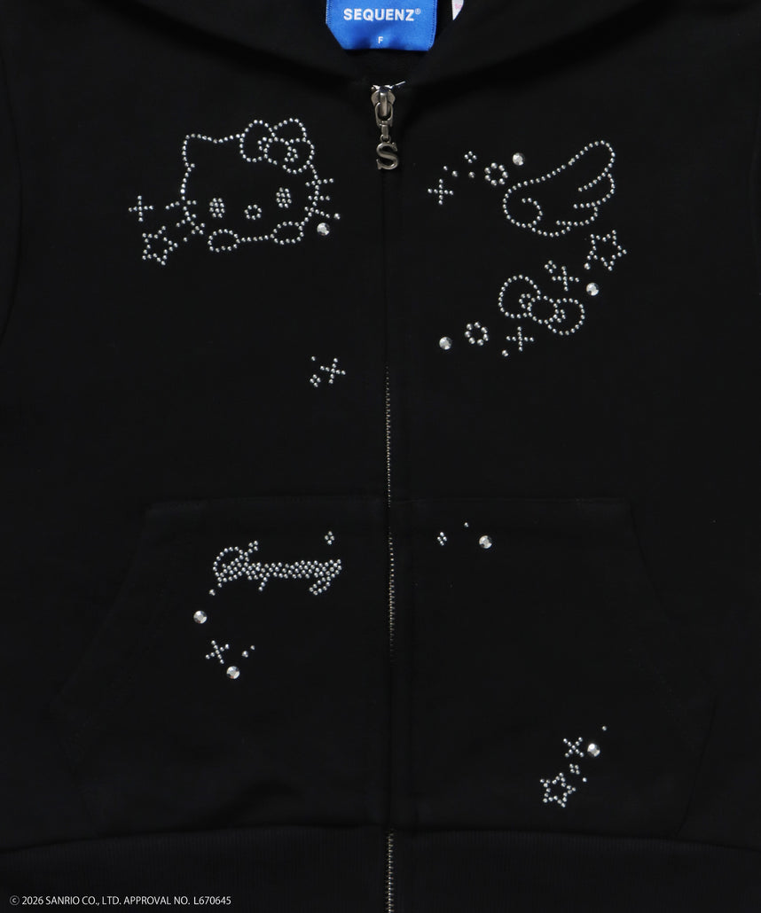 HK SHINING KITTY ZIPPK / 半袖 ジップパーカー フーディ ダブルジップ ラインストーン スウェット ブラック