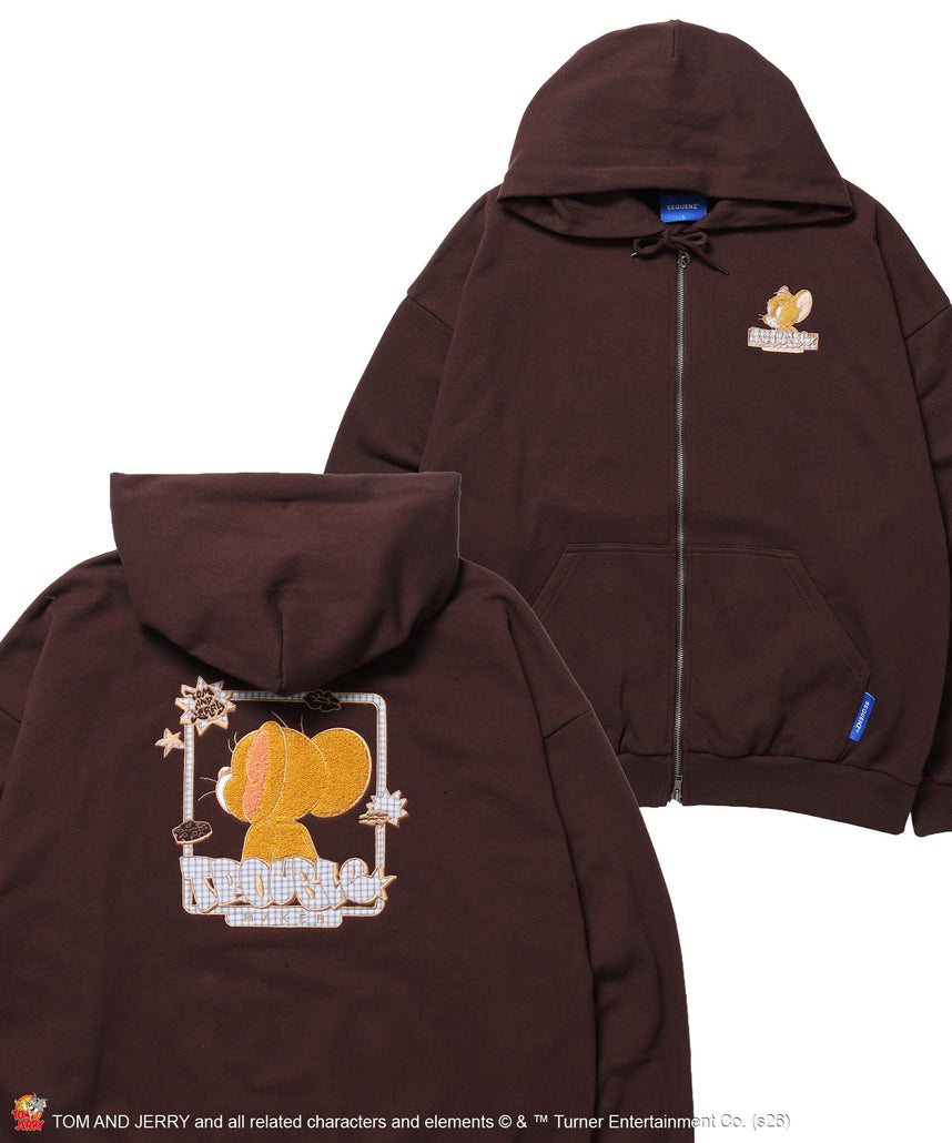 TJ PLAID BACK JERRY ZIP P/K / トムとジェリー ジップパーカー ワッペン 刺繍 ブラウン