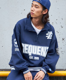 90`s FLAVA HALF ZIP SWEAT / ナンバリング ブロークコア オーバーサイズ レトロ 裏起毛 ダークネイビー ≪SET UP着用可能≫