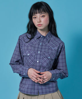 sqnz western l/s shirts / シャツ チェック 刺繍 長袖 ボタン ポケット ウエスタン 短丈 ネイビー