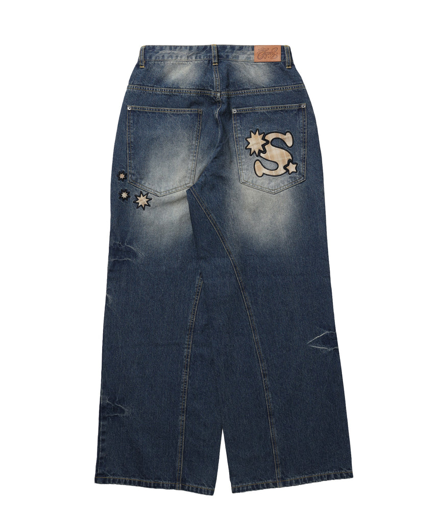 ※WEB限定 /  ワイドデニムパンツ / sqnz seam design applique denim ネイビー