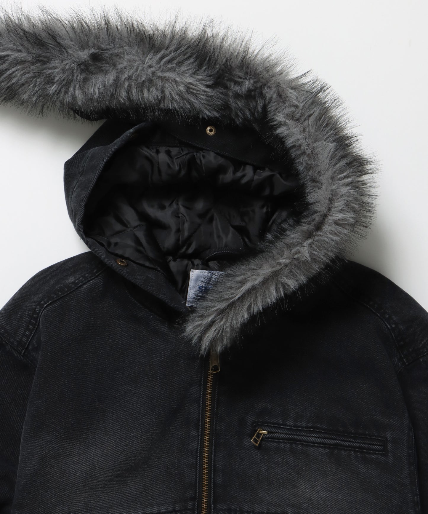 FUR DENIM HOODIE JKT / デニム ジャケット ファー 中綿 ダブルジップ フーディ ブラック