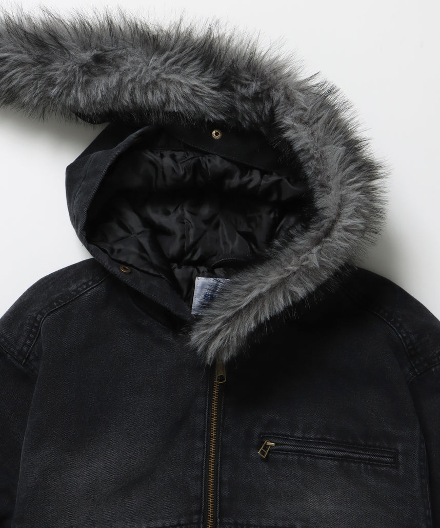 FUR DENIM HOODIE JKT / デニム ジャケット ファー 中綿 ダブルジップ フーディ ブラック