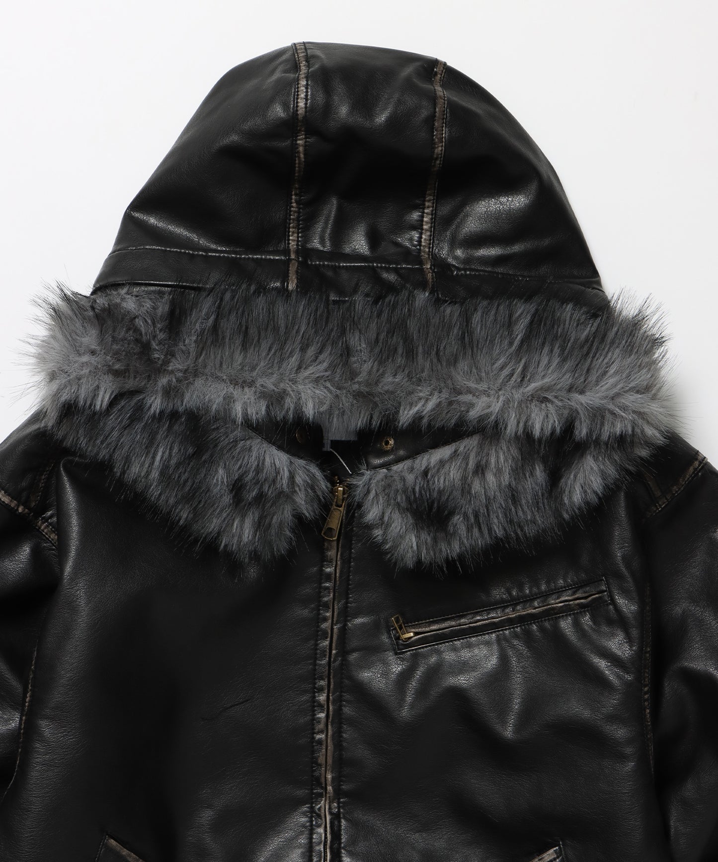 FUR PU HOODIE JKT / フェイクレザー ジャケット ファー 中綿 ダブルジップ フーディ ブラック