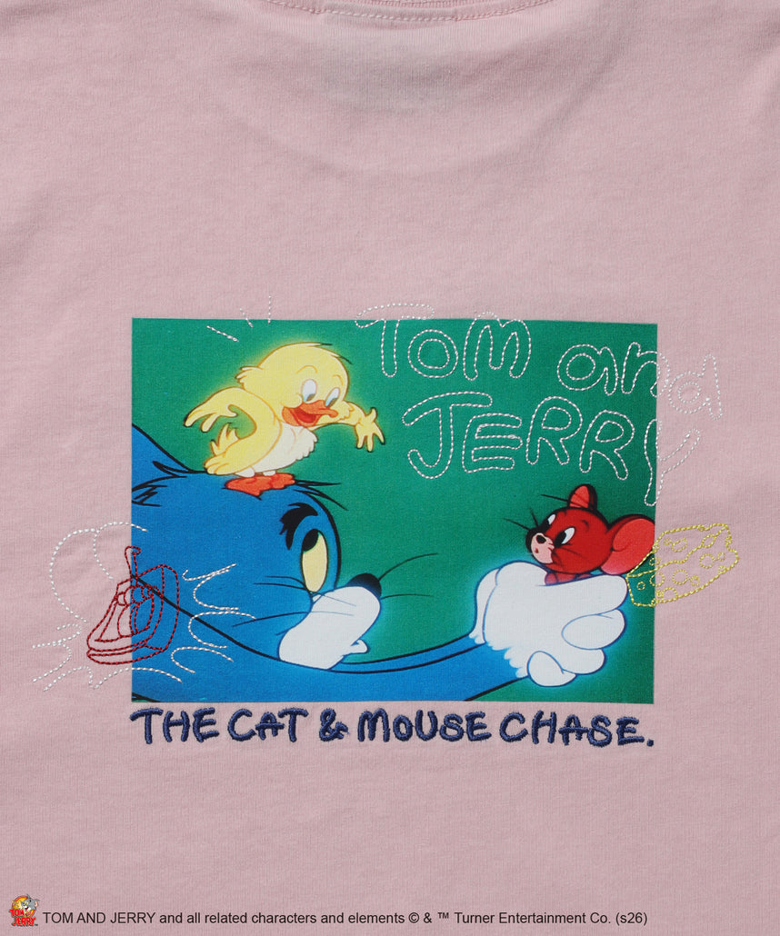 TJ PHOTO & EMB. TEE / トムとジェリー 半袖 クルーネック プリント 刺繍 ワンポイント ユニセックス オーバーサイズ レイヤード ライトピンク