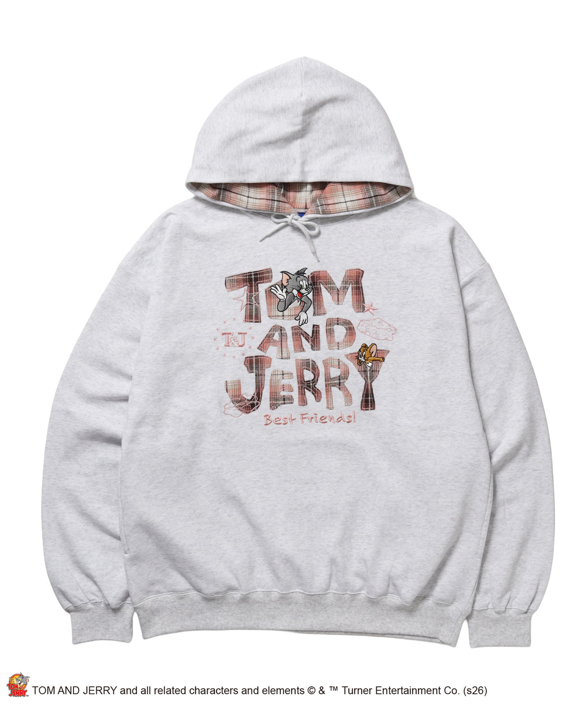 TJ PLAID APPLIQUE P/K / トムとジェリー プルパーカー チェック 刺繍 アッシュグレー