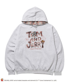 TJ PLAID APPLIQUE P/K / トムとジェリー プルパーカー チェック 刺繍 アッシュグレー