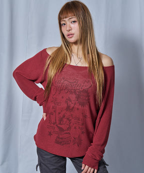 sqnz rock sheer knit / ワンショルダー ニット クルーネック 長袖 プリント シアー レッド