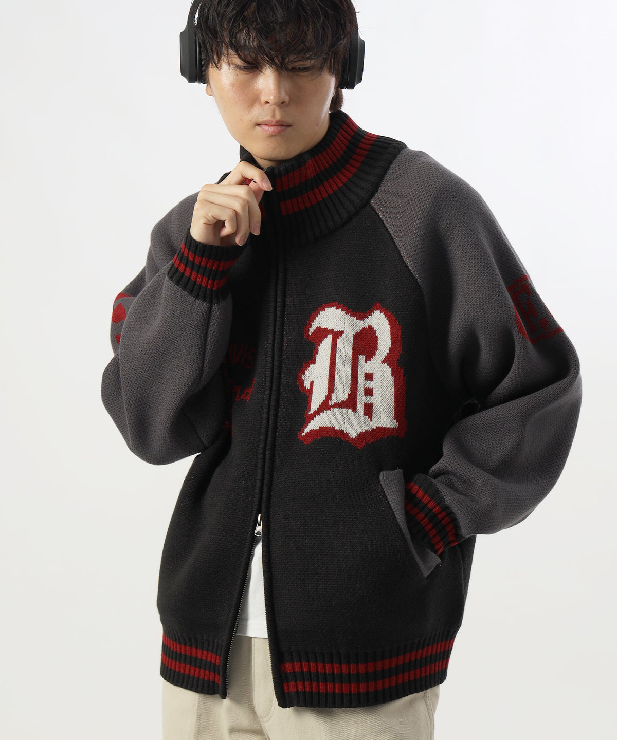 BALLPARK KNIT JACKET / ニット ジャケット ジャケード 刺繍 スタジャン スタジアムジャンパー ユニセックス 秋冬 ブラック