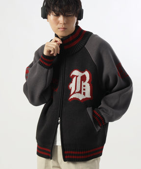 BALLPARK KNIT JACKET / ニット ジャケット ジャケード 刺繍 スタジャン スタジアムジャンパー ユニセックス 秋冬 ブラック