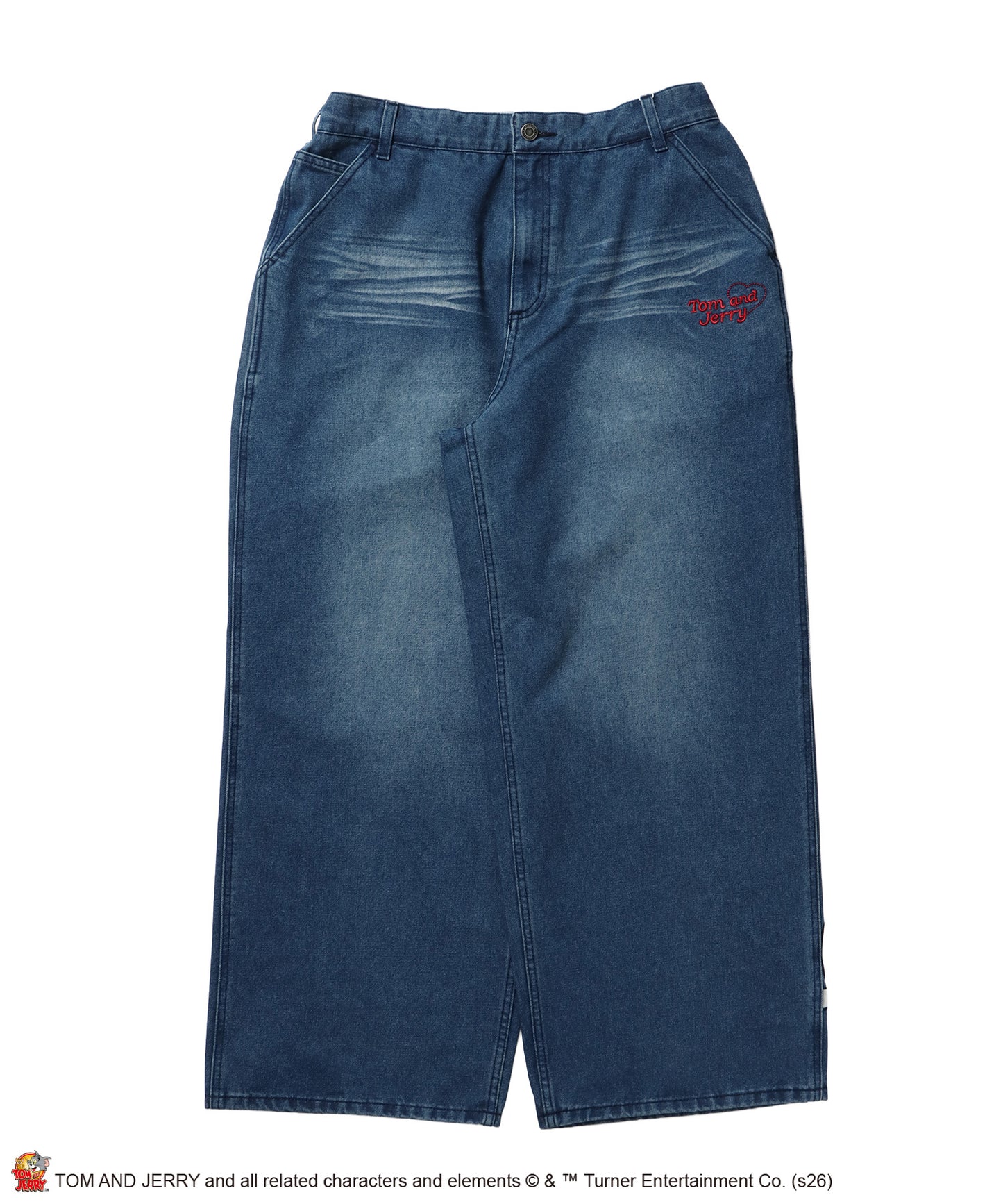 TJ JERRY AND TUFFY LOOSE DENIM / トムとジェリー デニム ワイド パンツ ボトムス 刺繍 加工 リジッド ワッペン ブルー