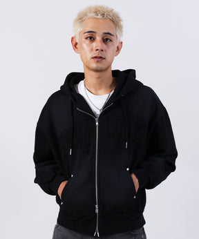 sqnz washed wappen zip p/k / フェード ジップパーカー スタッズ フルジップ オーバーサイズ ヴィンテージライク センターロゴ 裏起毛 ブラック