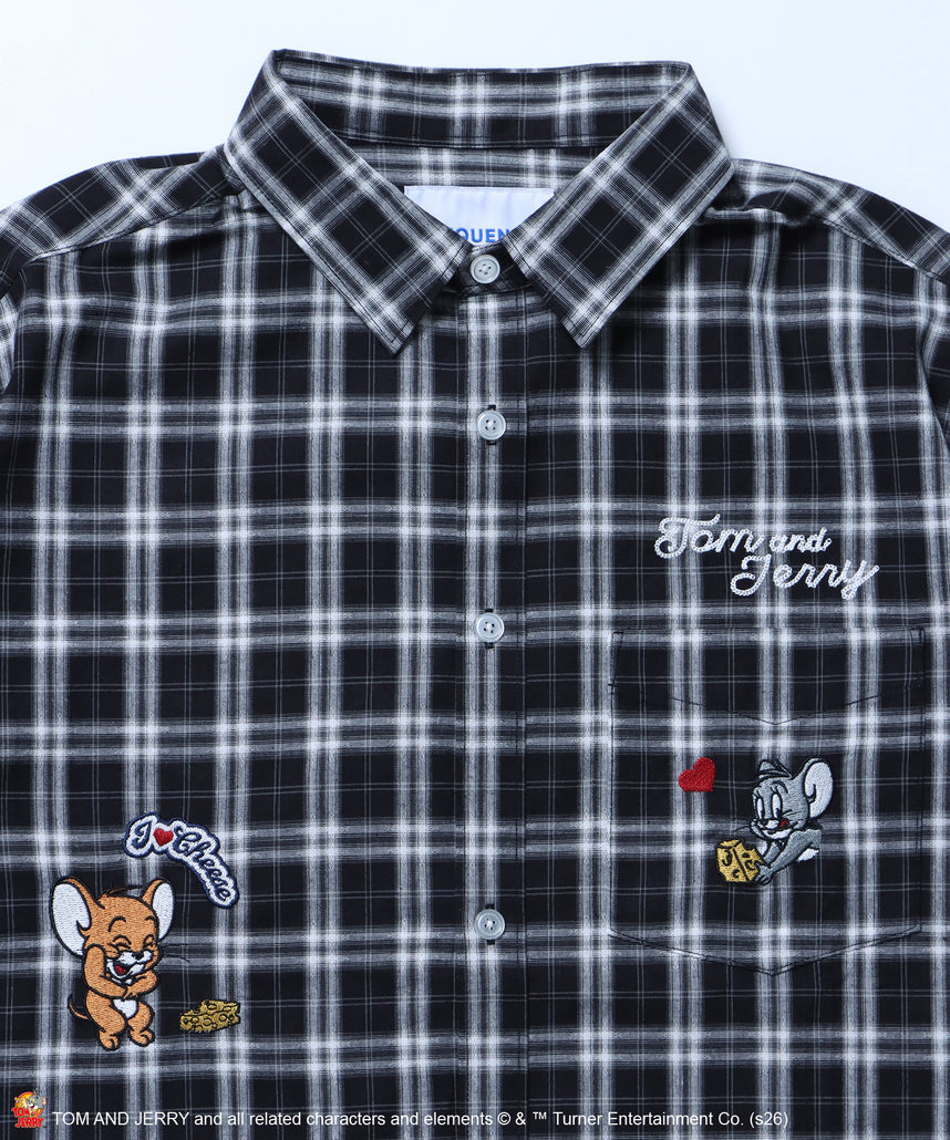 TJ ASSORTMENT EMB. SHIRT / トムとジェリー シャツ 半袖 レギュラーカラー 刺繍 チェック ストライプ ブラック