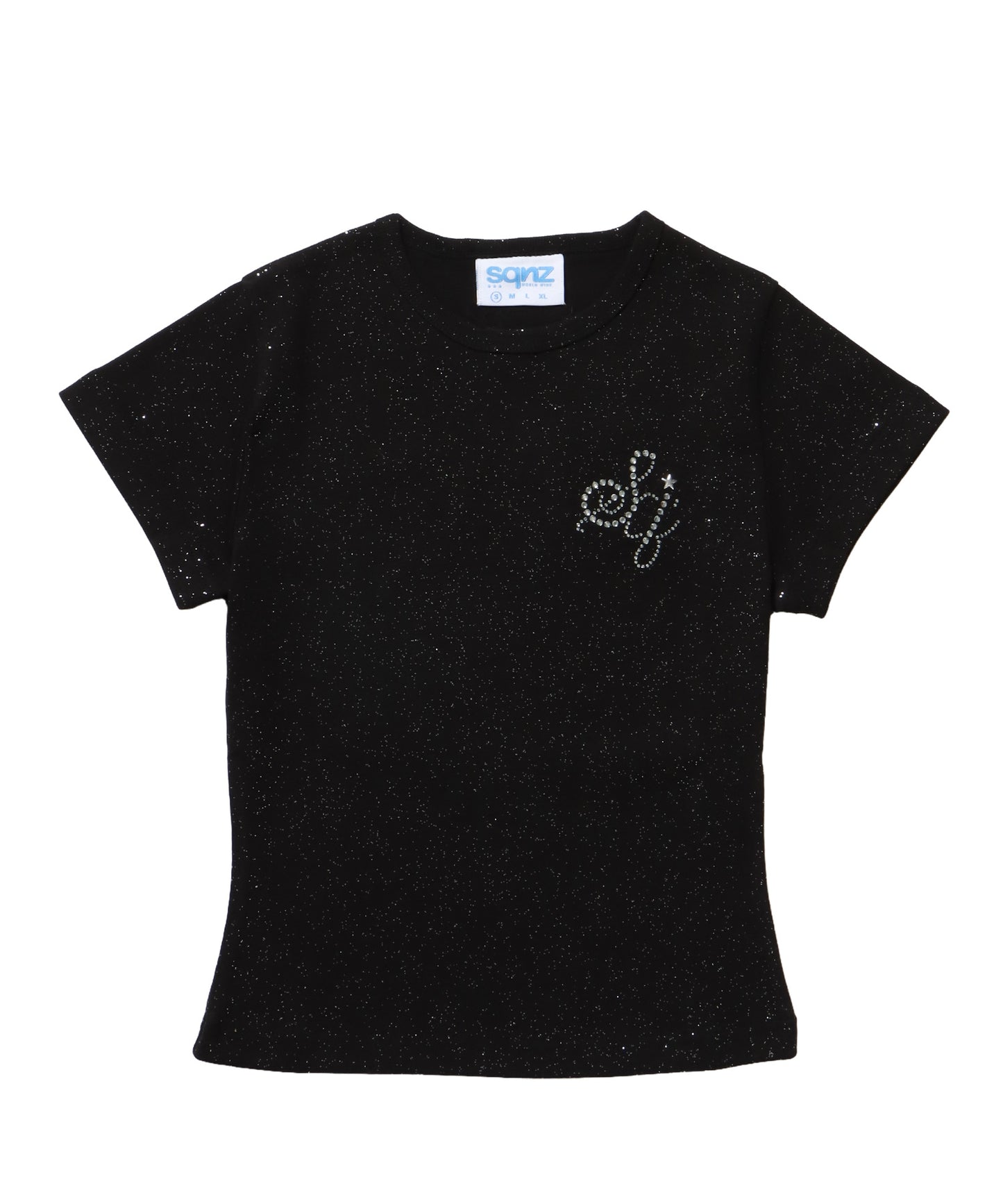 ≪予約商品≫sqnz glitter compact tee / 半袖 プリント Tシャツ ワンポイント ラインストーン レディース ピチT ちびT 【セットアップ着用可能】 ブラック