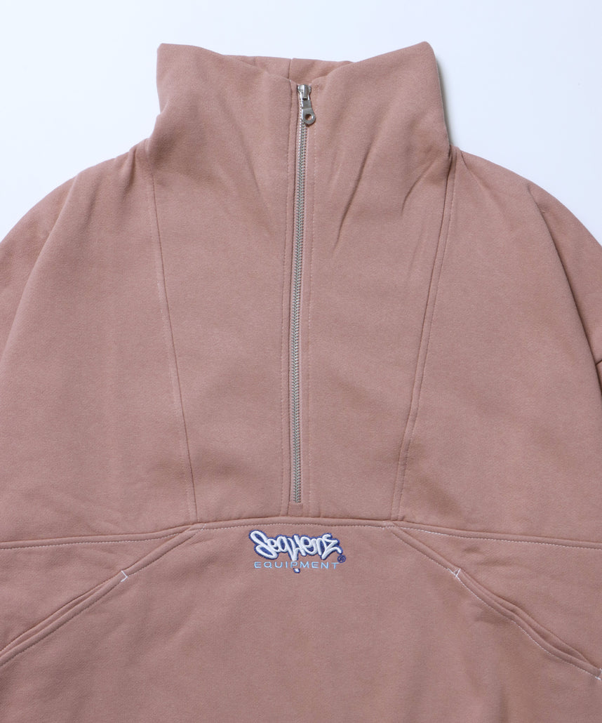 90s 1/2 ZIP SWEAT / 裏起毛 オーバーサイズ プルオーバー スウェット ルーズシルエット ハーフジップ 刺繍 ポケット ジップアップ セットアップ ピンク ≪SET UP着用可能≫