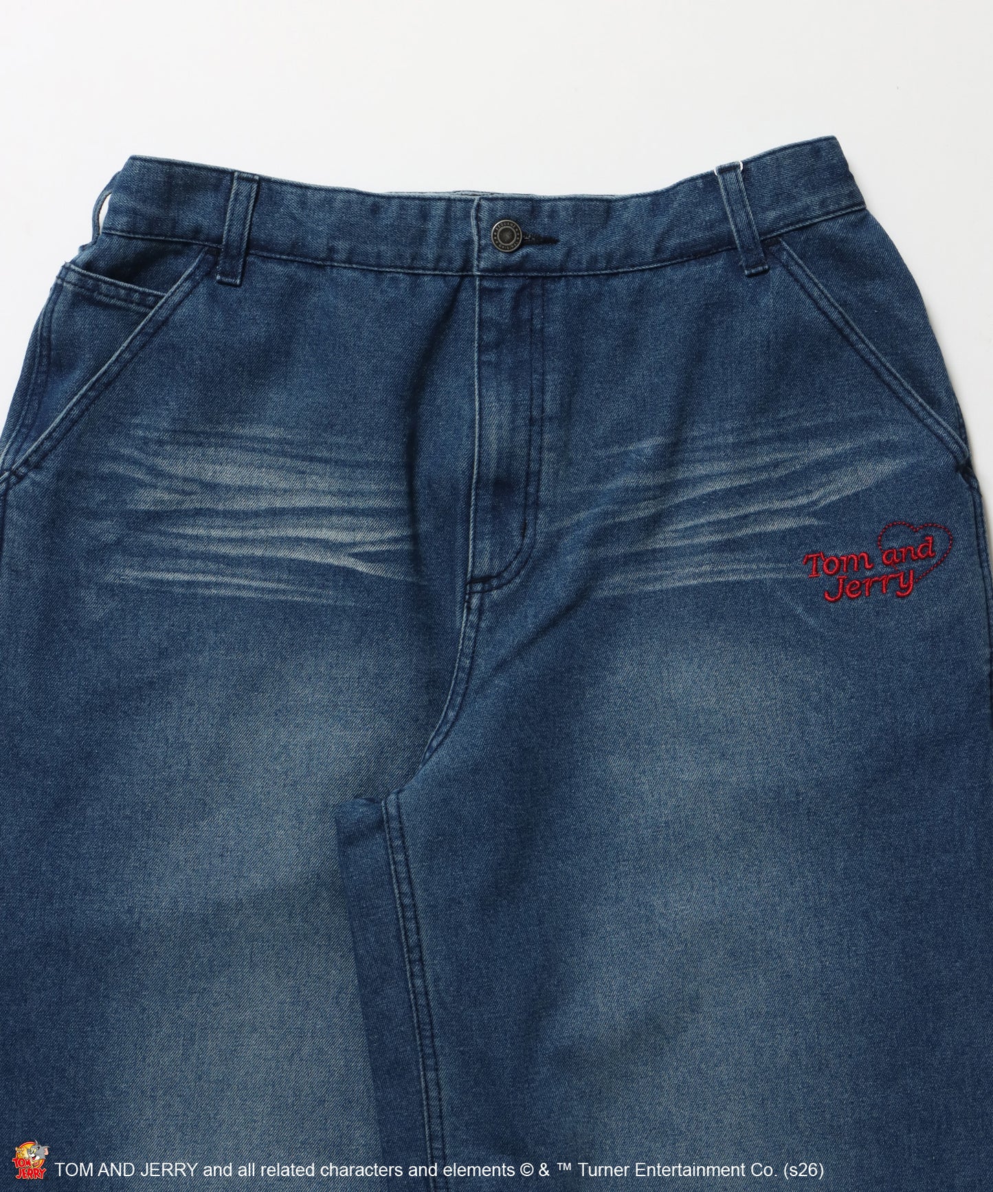 TJ JERRY AND TUFFY LOOSE DENIM / トムとジェリー デニム ワイド パンツ ボトムス 刺繍 加工 リジッド ワッペン ブルー