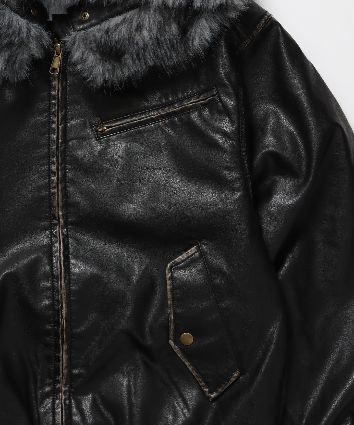 FUR PU HOODIE JKT / フェイクレザー ジャケット ファー 中綿 ダブルジップ フーディ ブラック