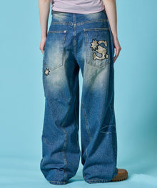 ※WEB限定 /  ワイドデニムパンツ / sqnz seam design applique denim ネイビー