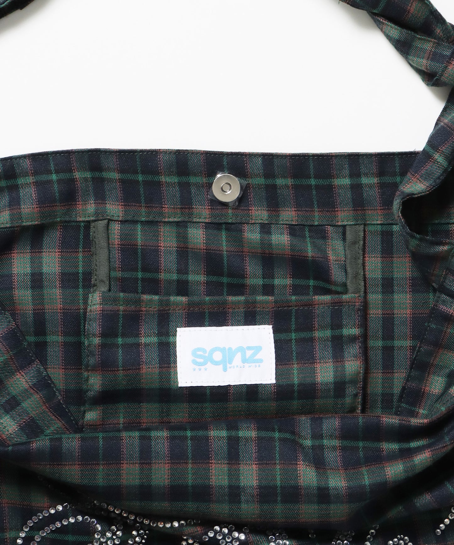 ≪予約商品≫sqnz favorite kira-kira totebag / ラインストーン バック チェック柄 2way ユニセックス グリーン