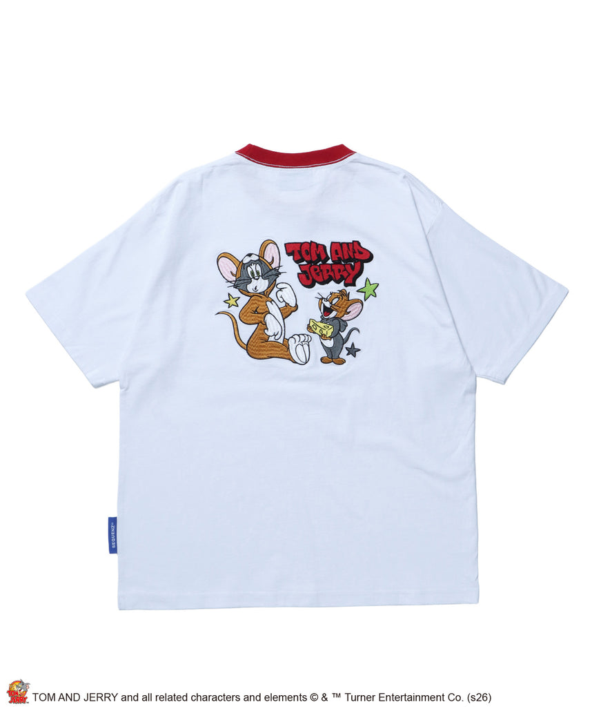 TJ COSTUME RINGER TEE / トムとジェリー リンガー Tシャツ 半袖 クルーネック 刺繍 オーバーサイズ ホワイト