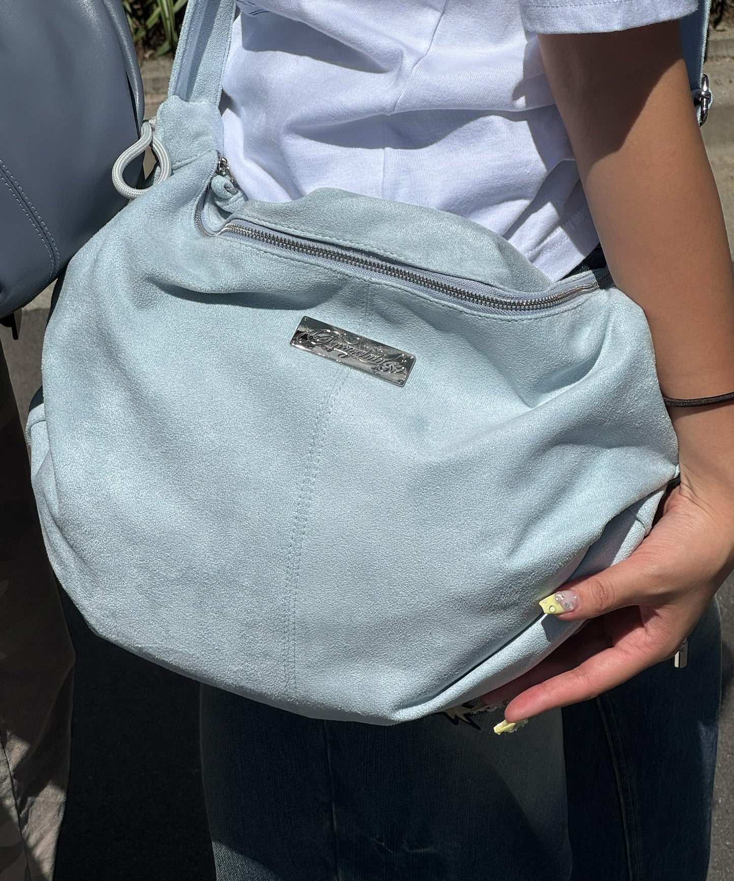 ※WEB限定 / フェイクレザー フェイクスエード メタルプレート 雑貨 バック / シャーリングショルダーバック / sqnz shirring bagライトブルー